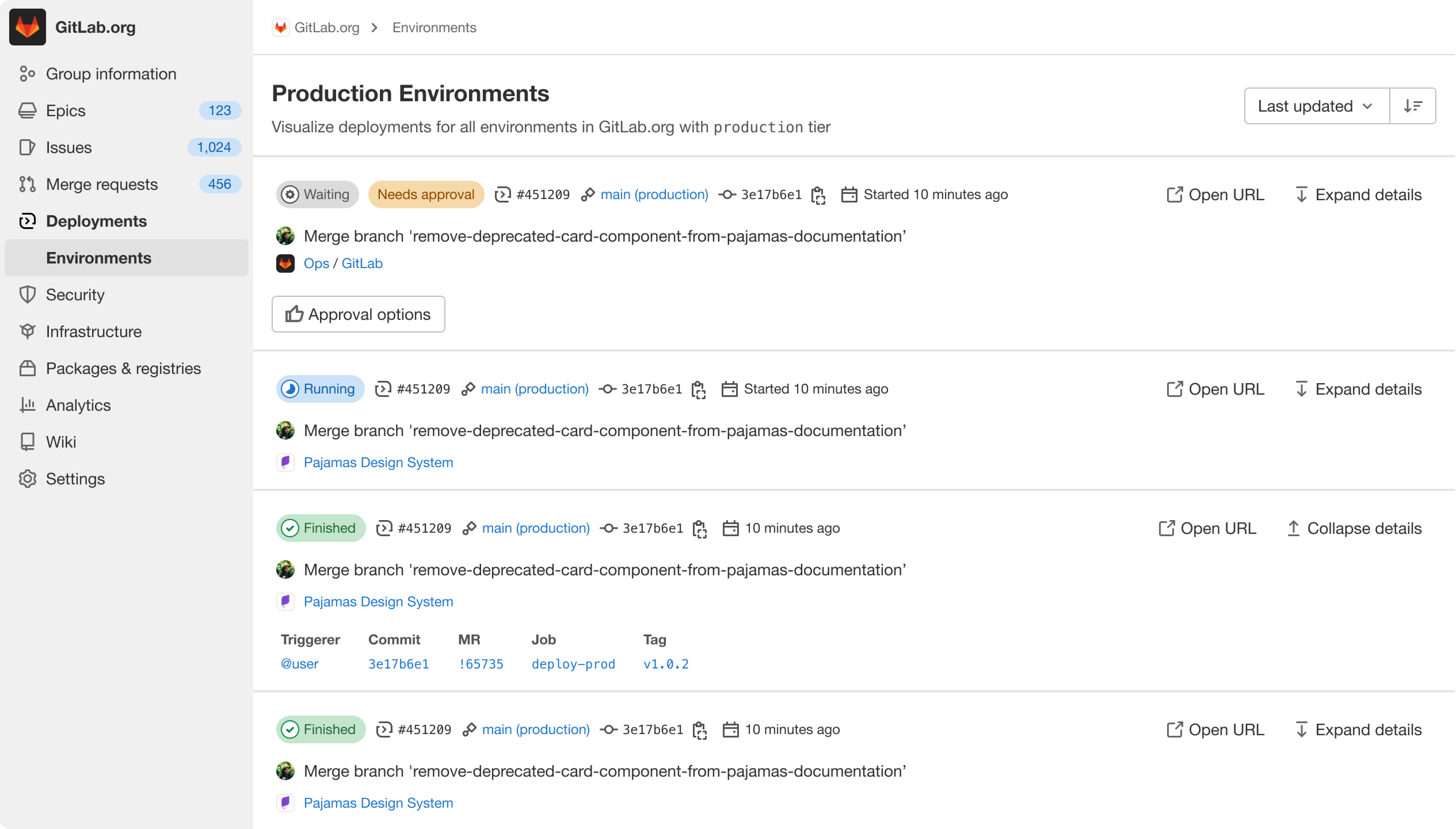 List view for environments and deployments on GitLab
