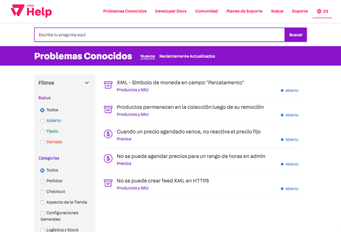 Known issues section, showing existing bugs in the platform. Page is in spanish.